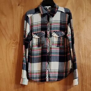 Maurices Womens Plaid Flannel Shirt Navy Pink Green Yellow 100% Cotton Size XS